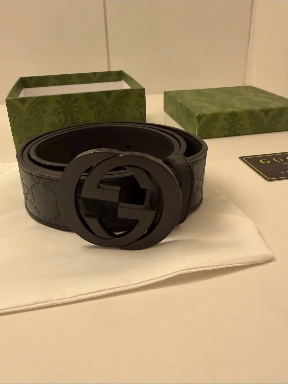 Gucci Black Embossed GG Leather Belt with Matte Black Double G Buckle